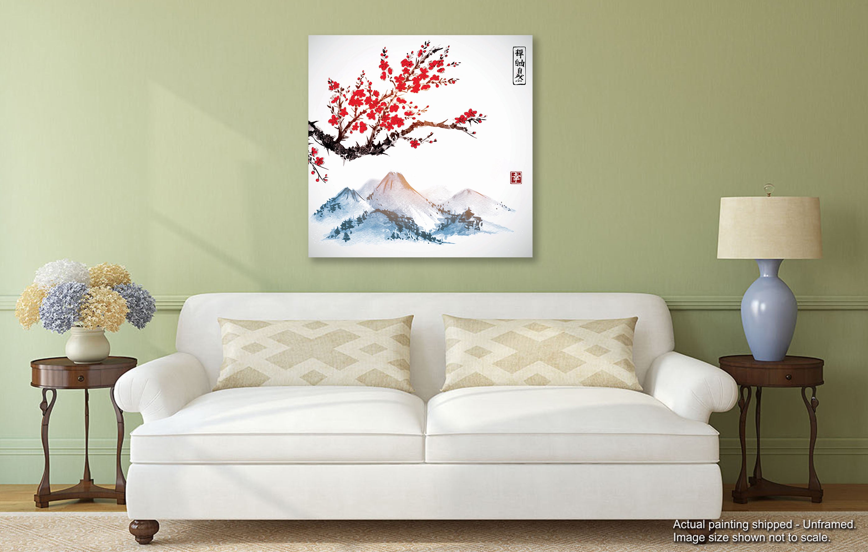 Sakura in blossom and mountains - Unframed Canvas Painting