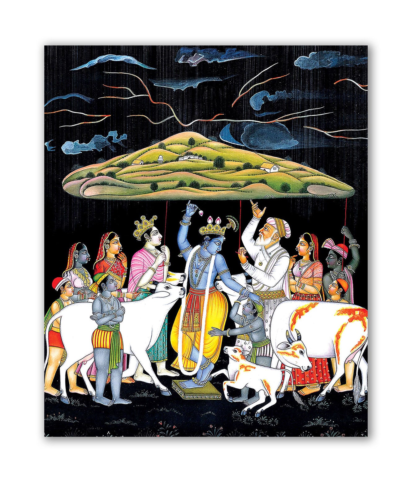 Krishna Govardhan Leela - Unframed Canvas Painting