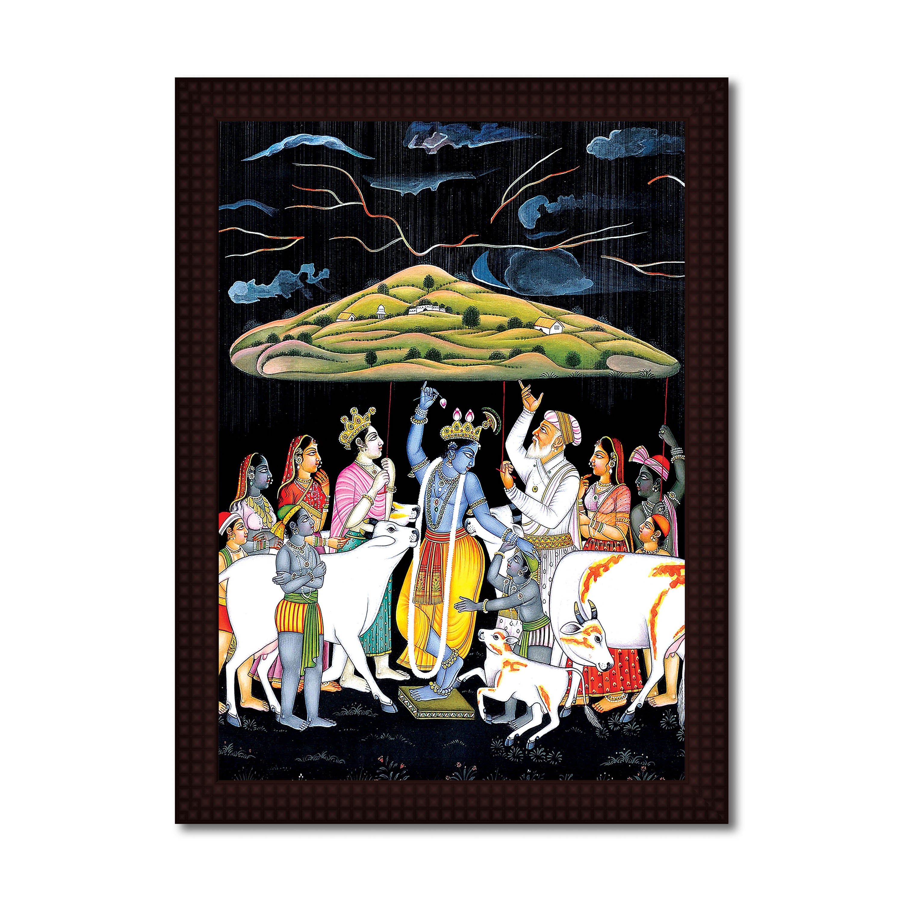 Krishna Govardhan Leela- Canvas Painting - Framed