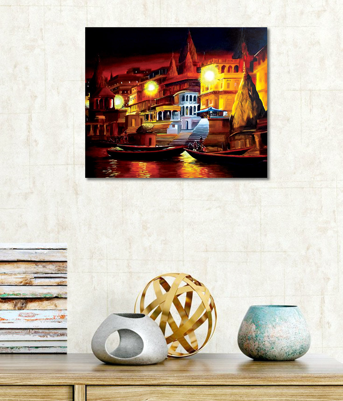 Holy Ghats of River Ganga - Unframed Canvas Painting