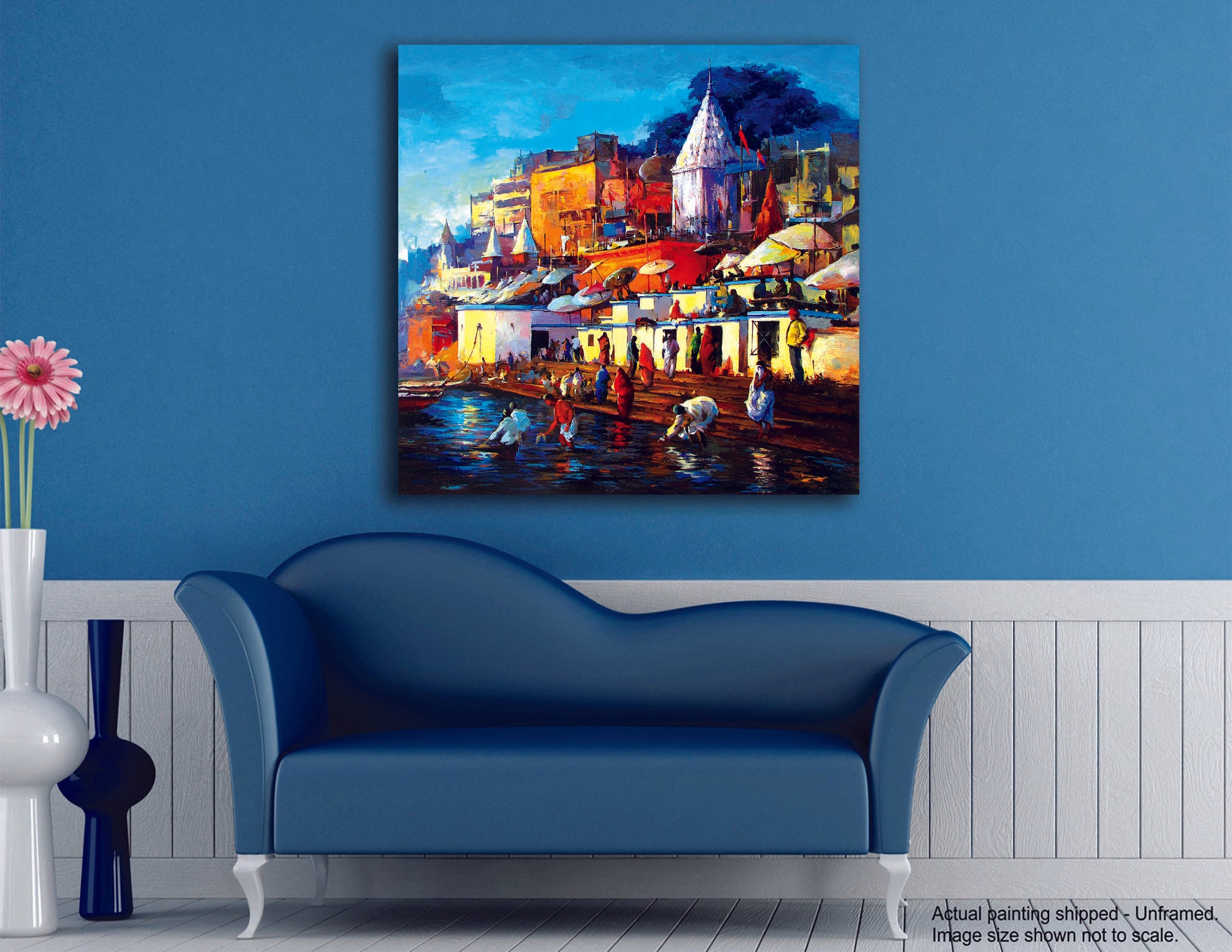 Holy Rituals at Holy Ganga - Unframed Canvas Painting