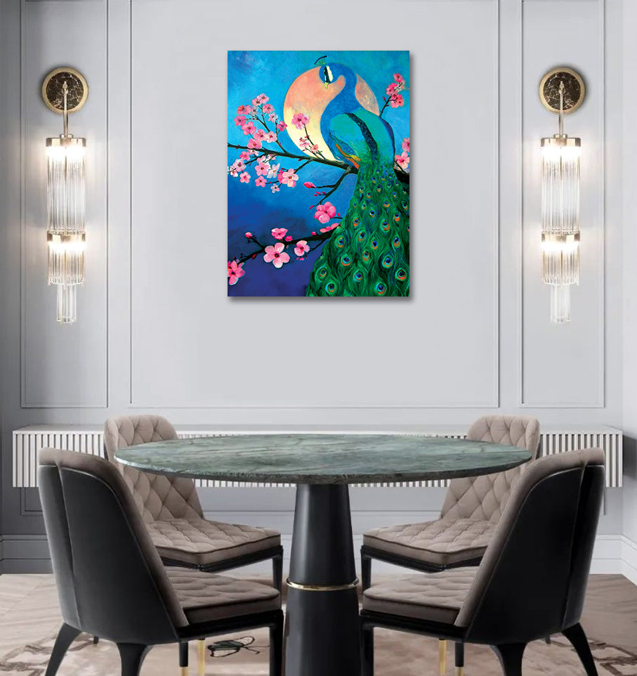 Peacock Under the Moon Light - Unframed Canvas Painting