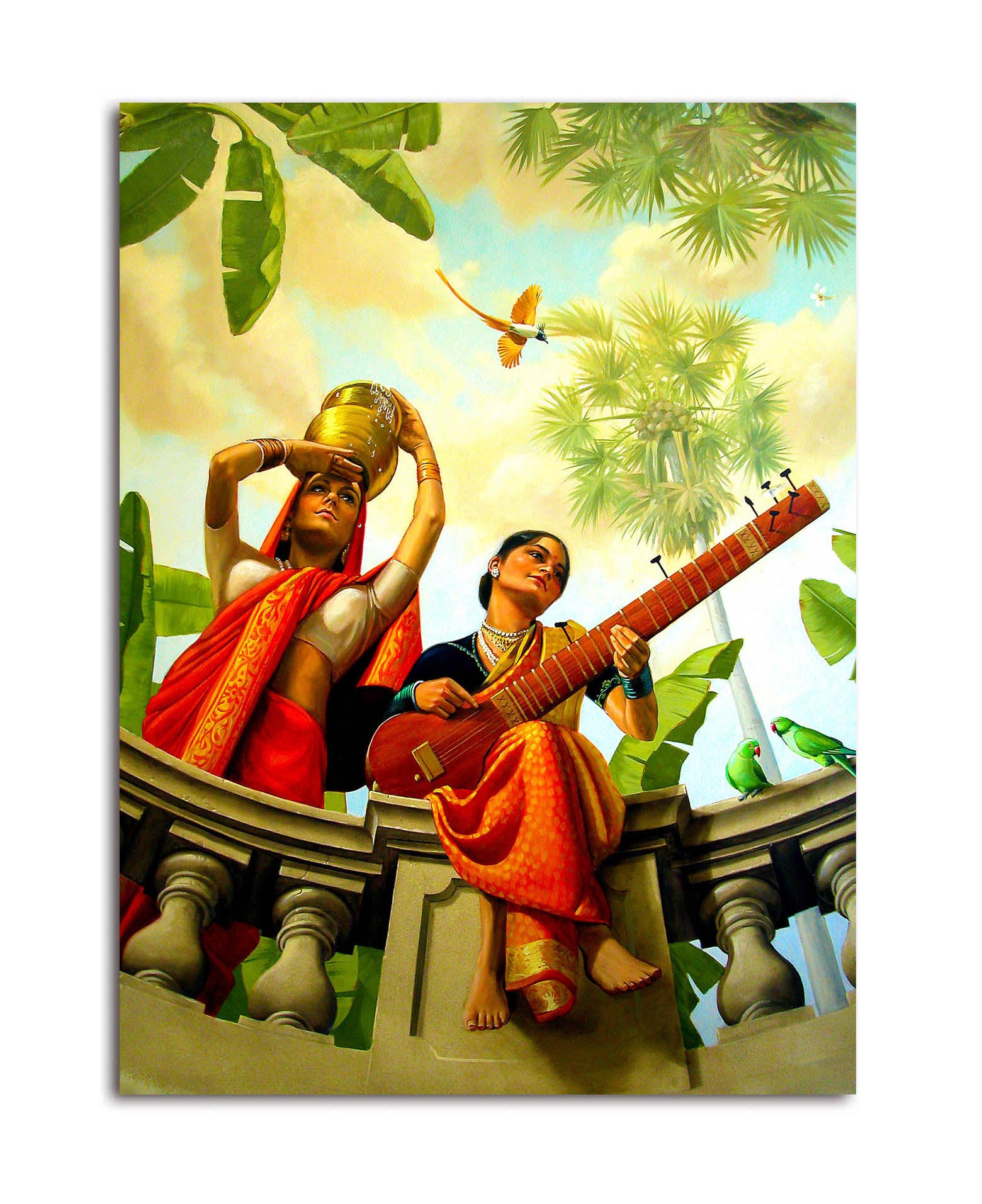 A Lady Playing Veena - Unframed Canvas Painting