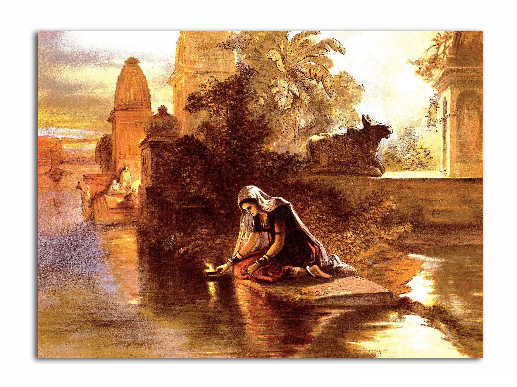 A Girl Praying on a River Side - Unframed Canvas Painting