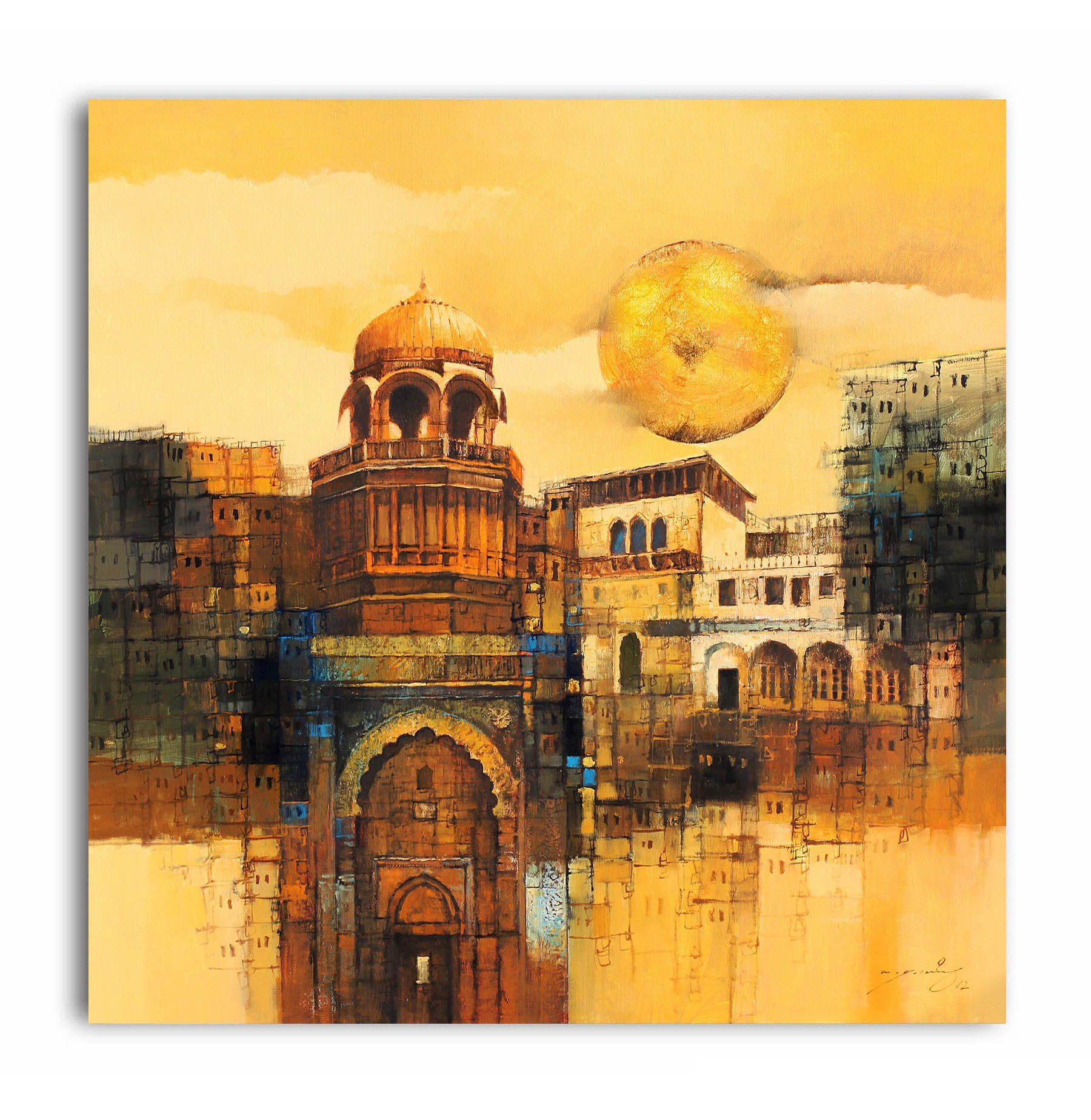 Sunrise on River Ganga - Unframed Canvas Painting
