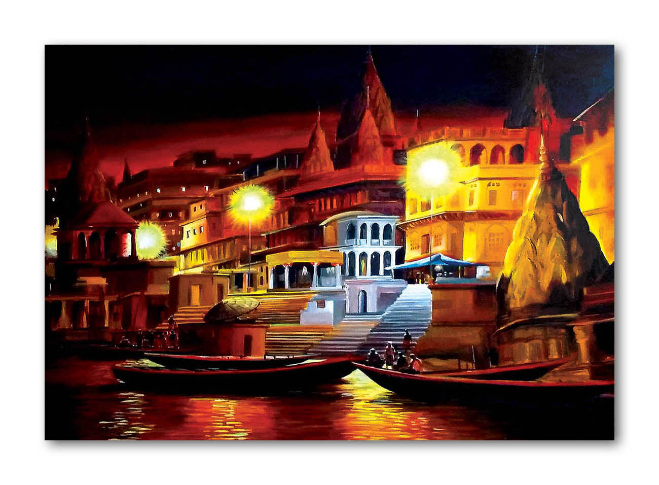 Holy Ghats of River Ganga  - Canvas Painting - Unframed