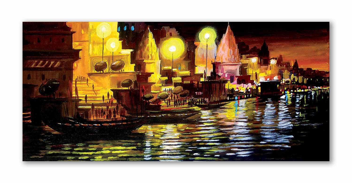 A night in Varanasi - Unframed Canvas Painting