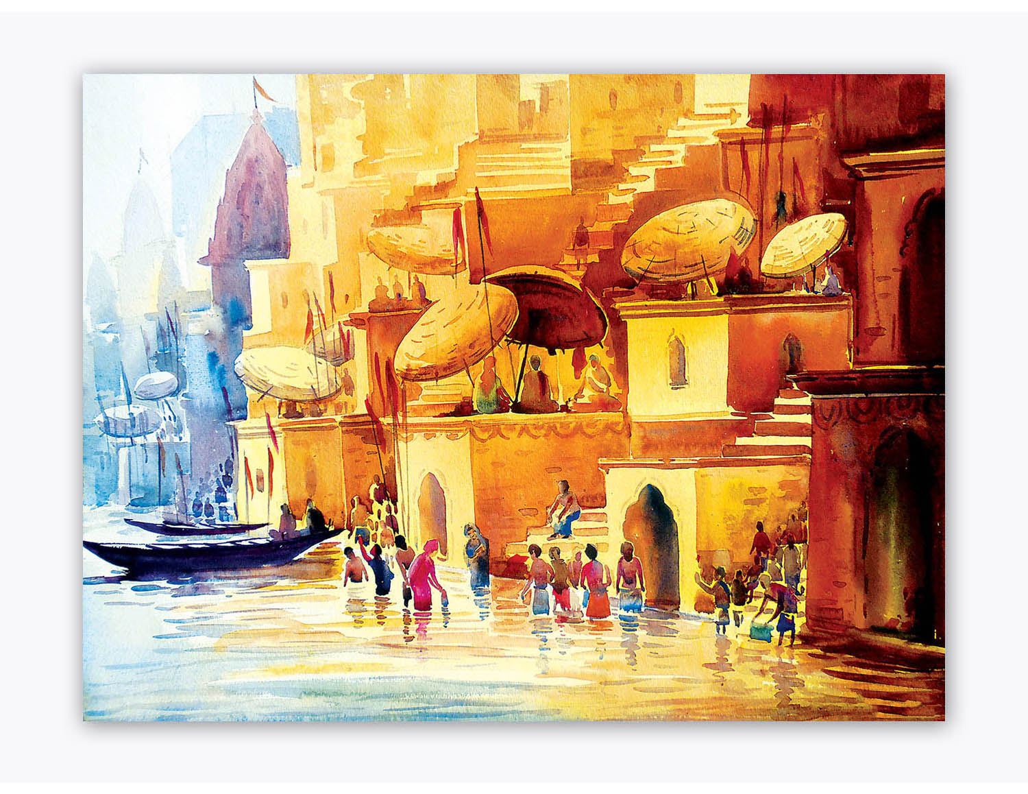 Rituals by The Ghats of River Ganga - Unframed Canvas Painting